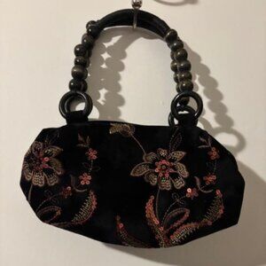 Vtg Embroidered Flowers with sequins Black/Tan/Bronze Handbag Wood Bead Handles